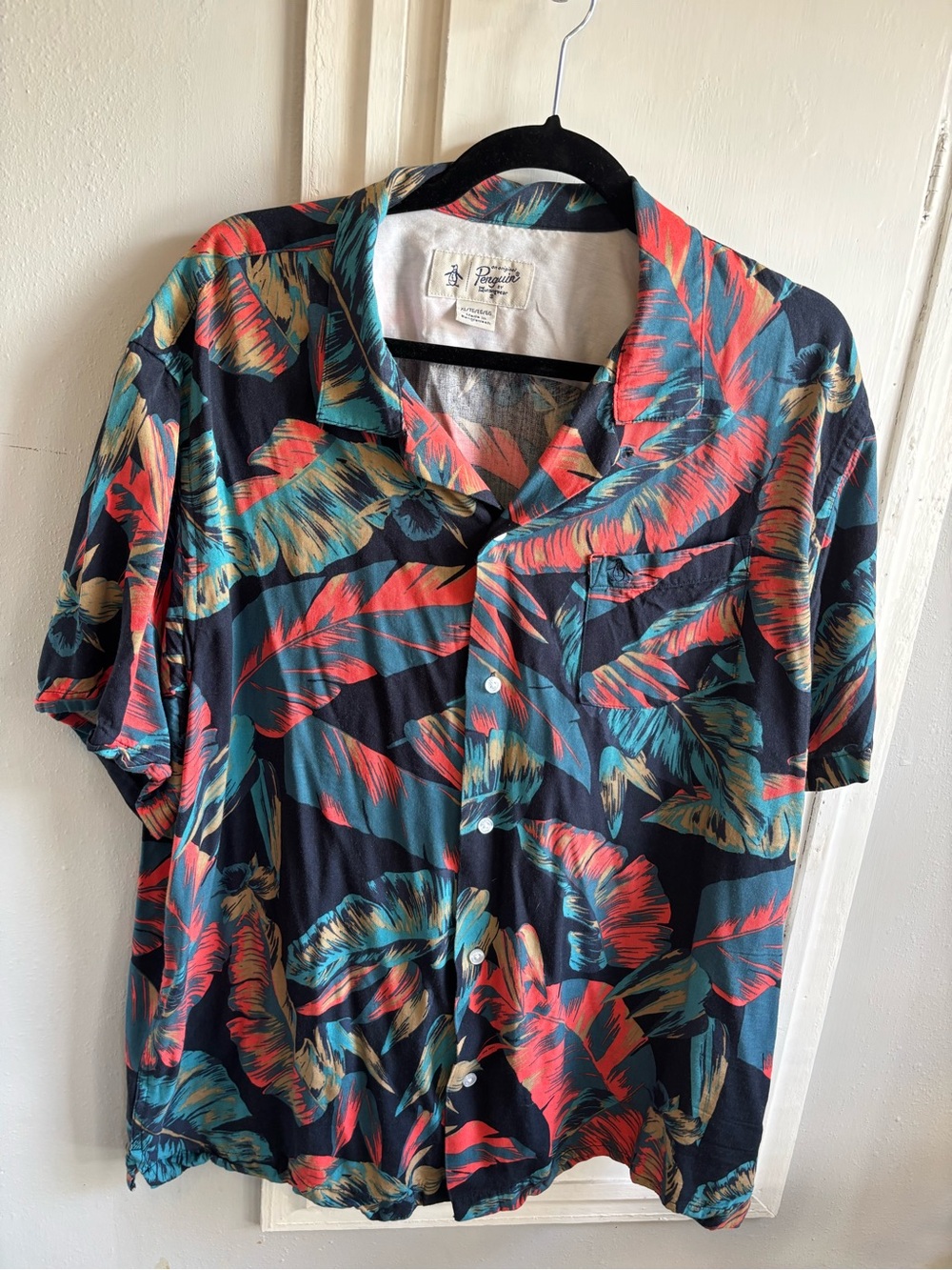Resort-Ready Short Sleeve Button-Up Shirt - Black with Teal & Coral
